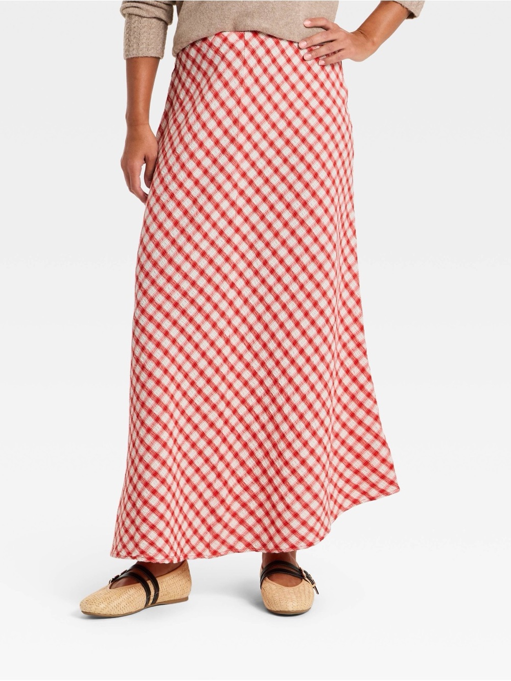 Universal Thread Women's Small Red White Gingham Printed Midi Full Skirt